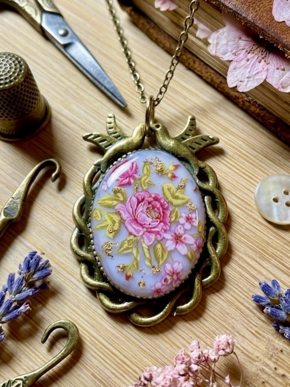 Pink Rose Cameo Necklace with Gold-Tone Frame